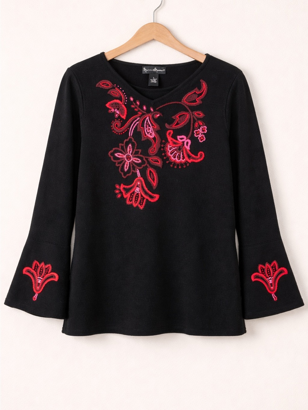 Embroidered Wool Blend  Bell Sleeve Top Black Large